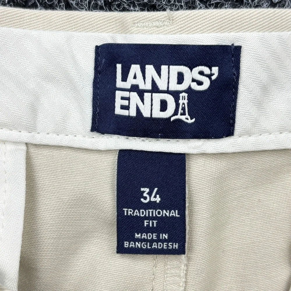 Lands End Pants Mens 34x34 Khaki Beige Traditional Fit Flat Front Chino Trousers